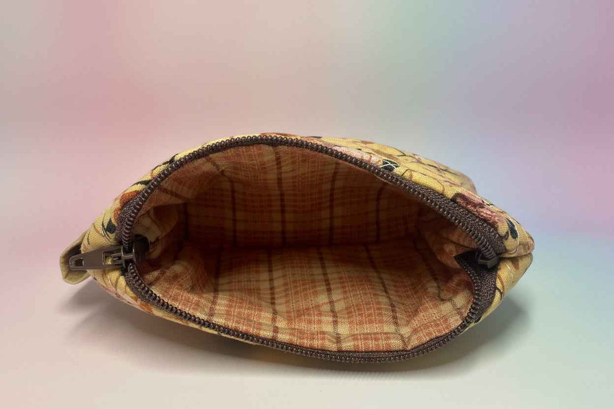 Handmade Quilted Zippered Pouch - Honey Roses Coin Pouch with Checkered Lining