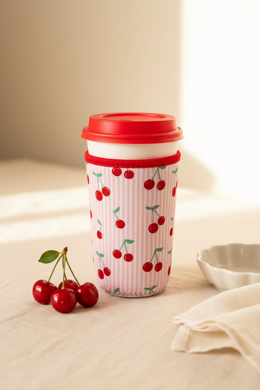 Cherry Pinstripe Cup Cozy - No Hand Lifestyle
