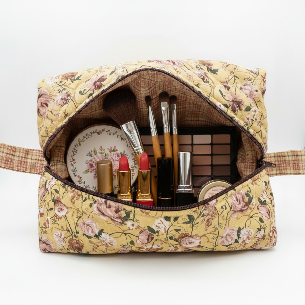 Yellow floral boxy bag open showing brown checkered lining