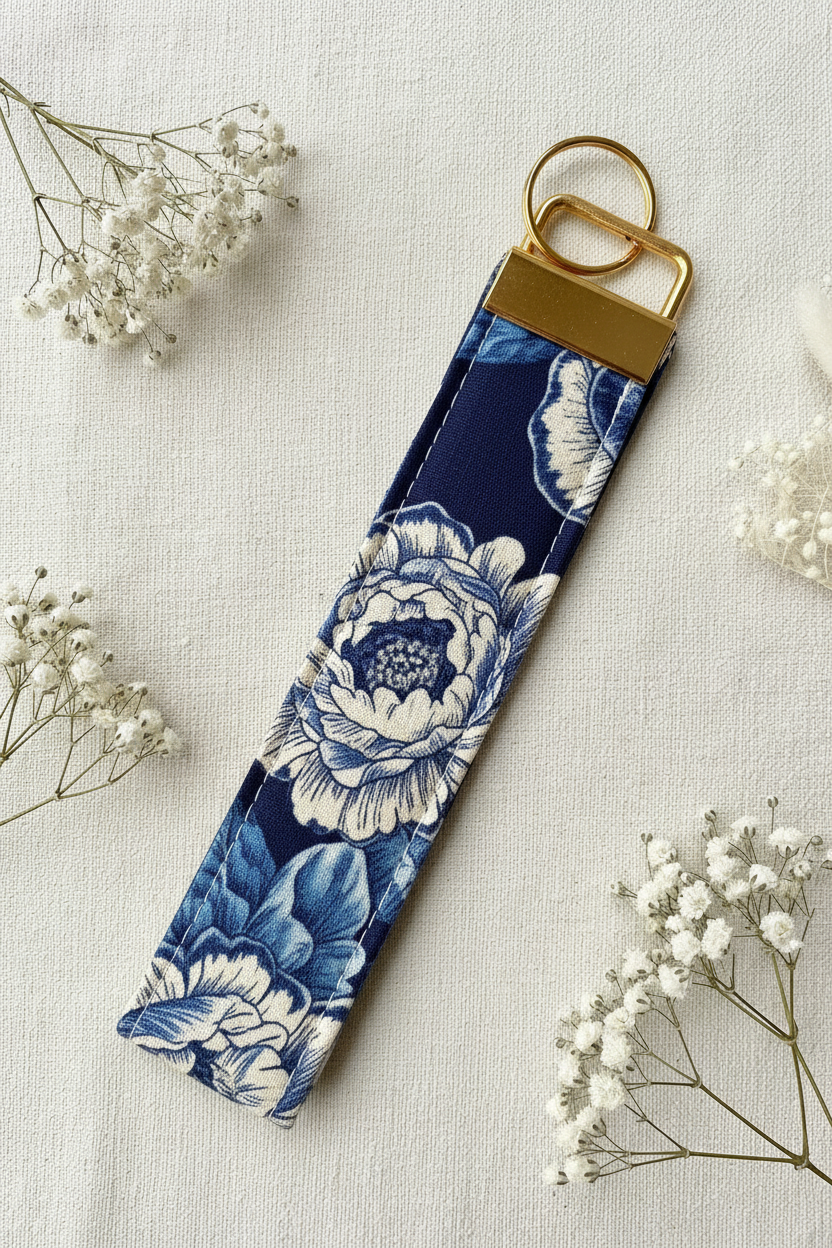 Navy Peony Wristlet Key Fob - Gold Hardware