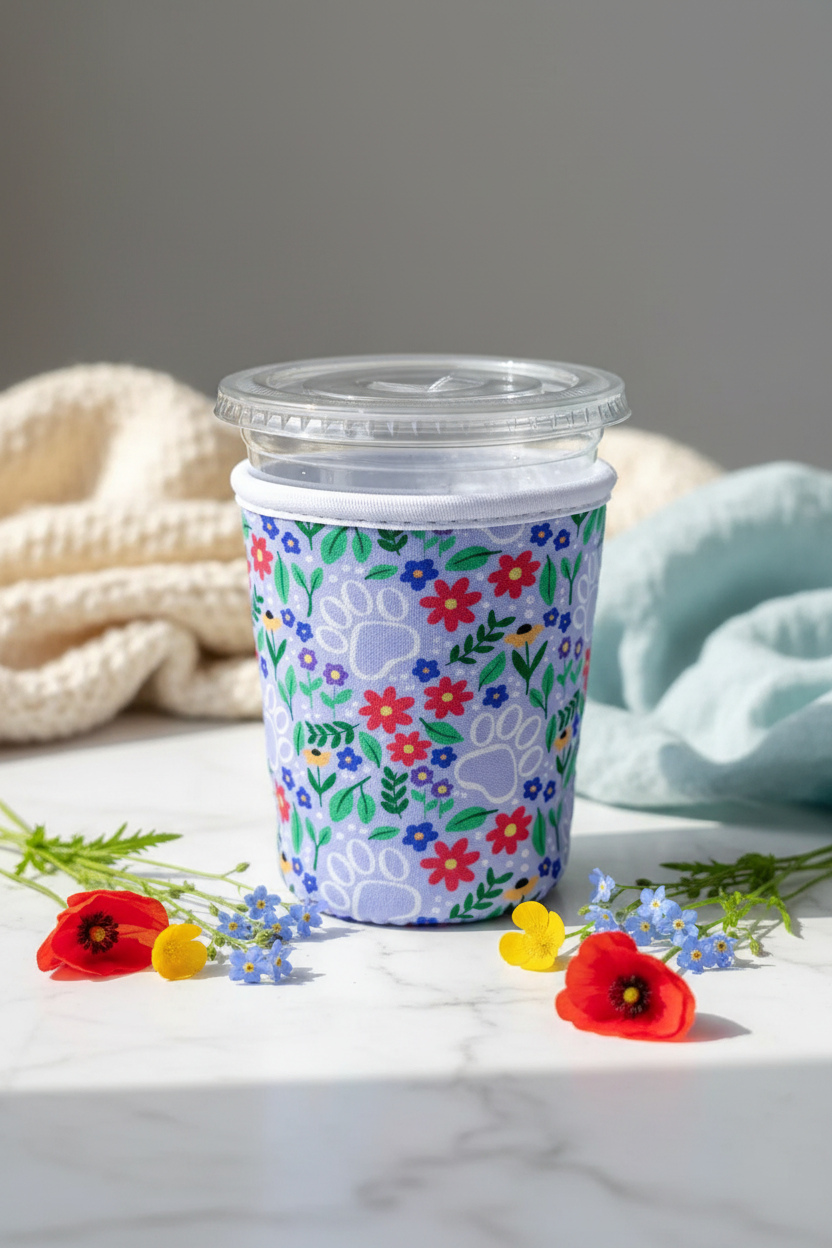 Paw Print Floral Cup Cozy - Lifestyle