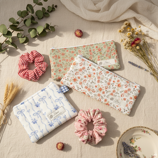 Floral zippered pouches, a blue bow-print quilted accessory, and fabric scrunchies arranged on cream linen with dried flowers and greenery.