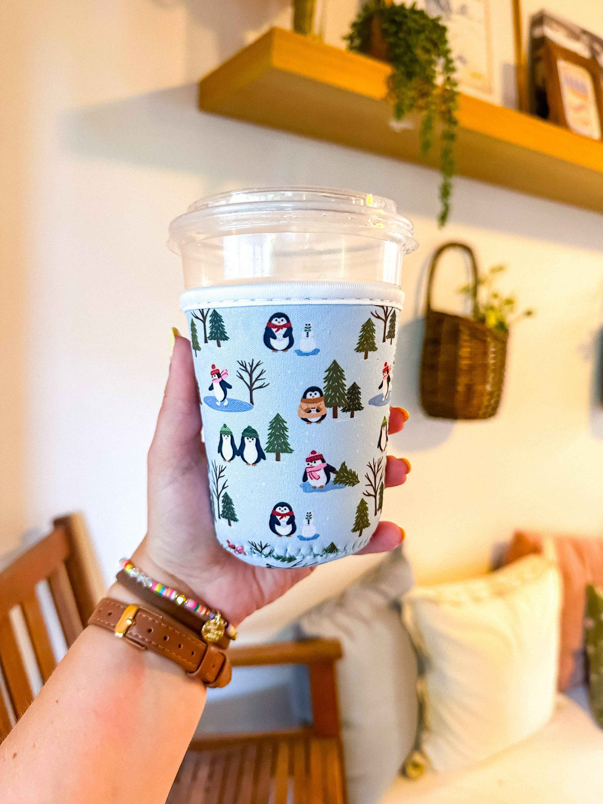 Handmade Insulated Cup Sleeve - Holiday Penguins Reusable Coffee Sleeve