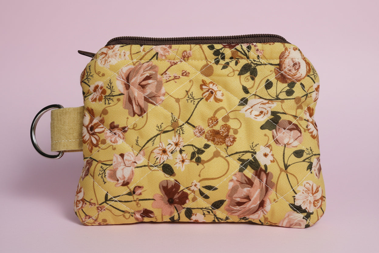 Quilted Floral Coin Pouch with Checkered Lining