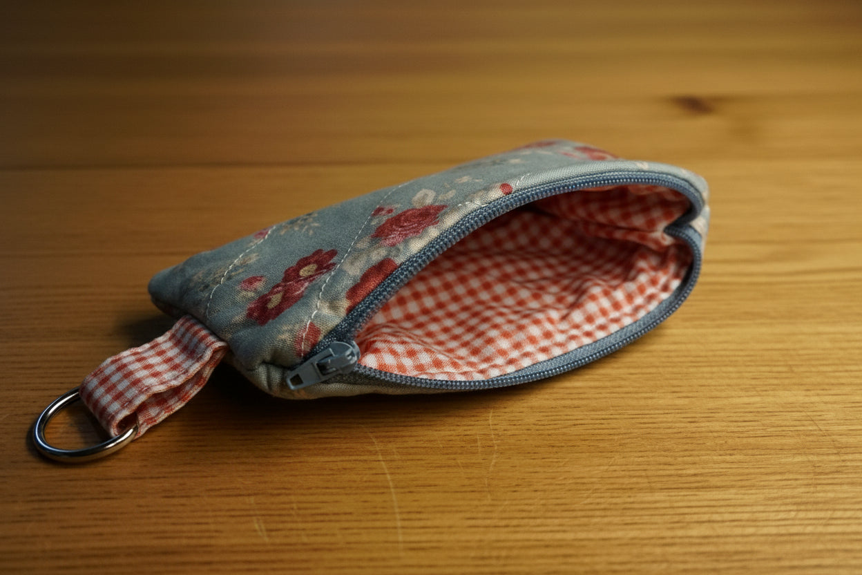 Vintage Floral Coin Pouch with Red Gingham Liner