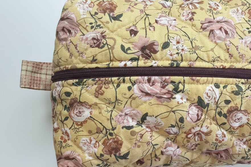 Yellow Floral Quilted Boxy Bag with Checkered Liner - Large