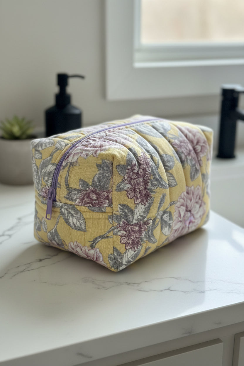 Pastel Yellow Magnolia Quilted Boxy Bag with Grey Liner - Large