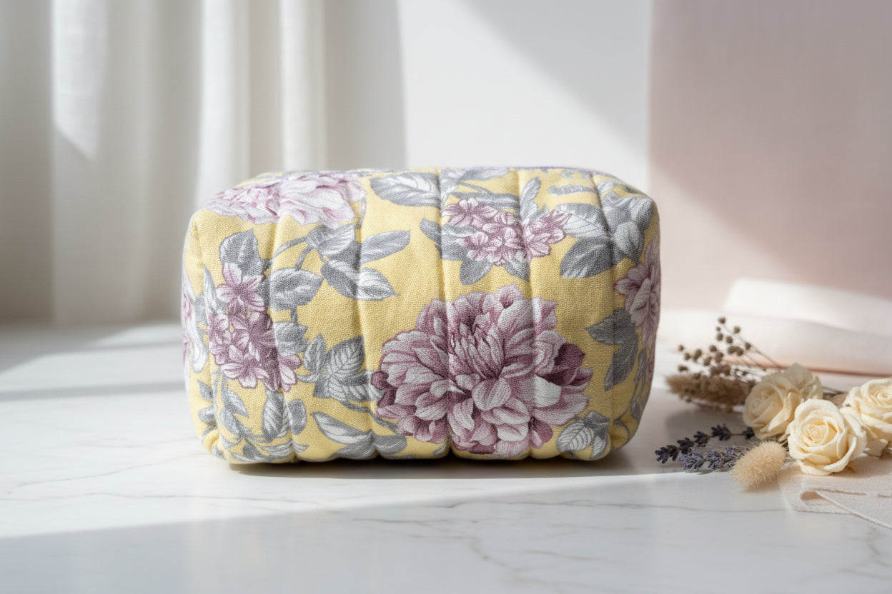 Pastel Yellow Magnolia Quilted Boxy Bag with Grey Liner - Large