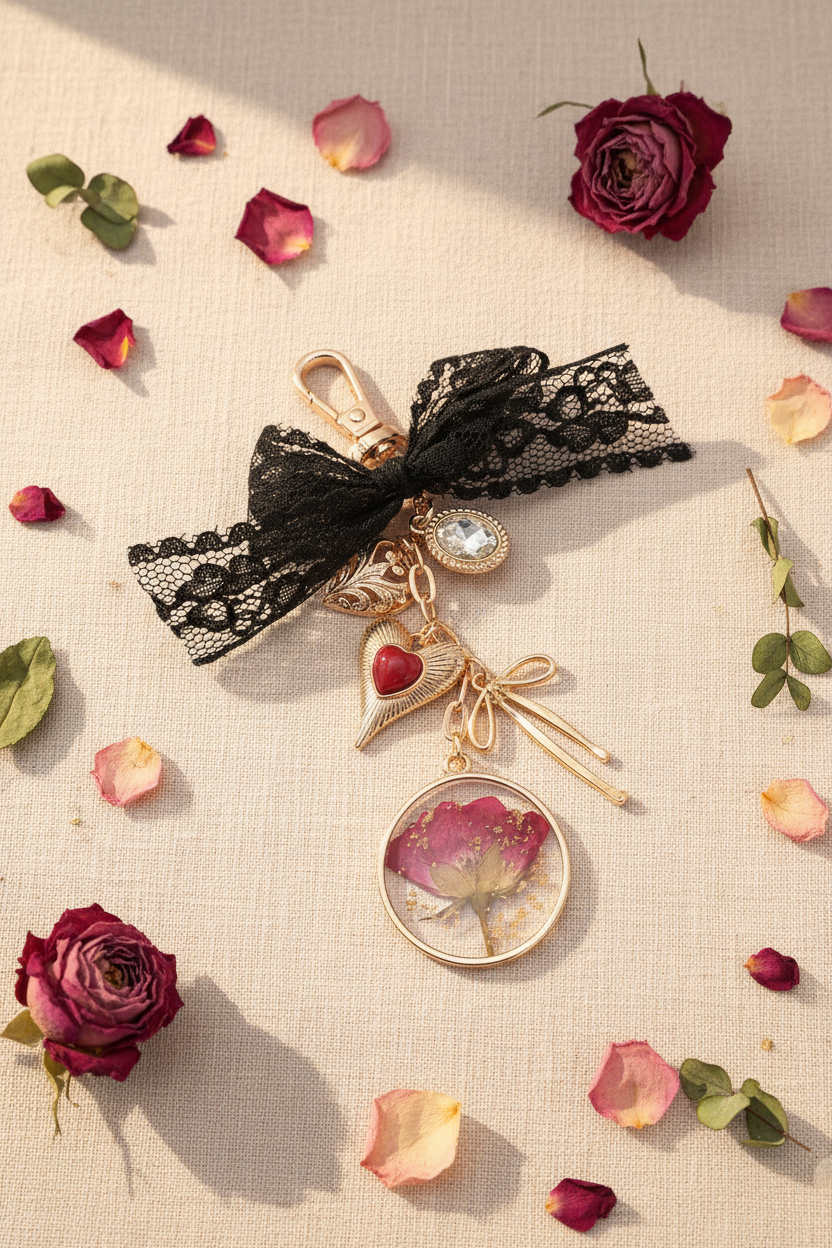 Black Lace Rose Bag Charm Lifestyle