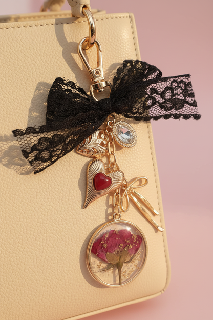 Black Lace Rose Charm Clipped to Bag