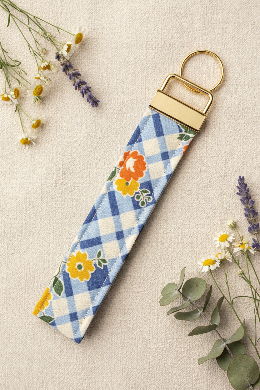 Blue Gingham Floral Wristlet Key Fob - Gold Hardware