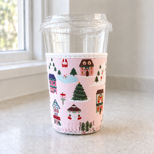 Christmas Village cup cozy with a 25% taller sleeve