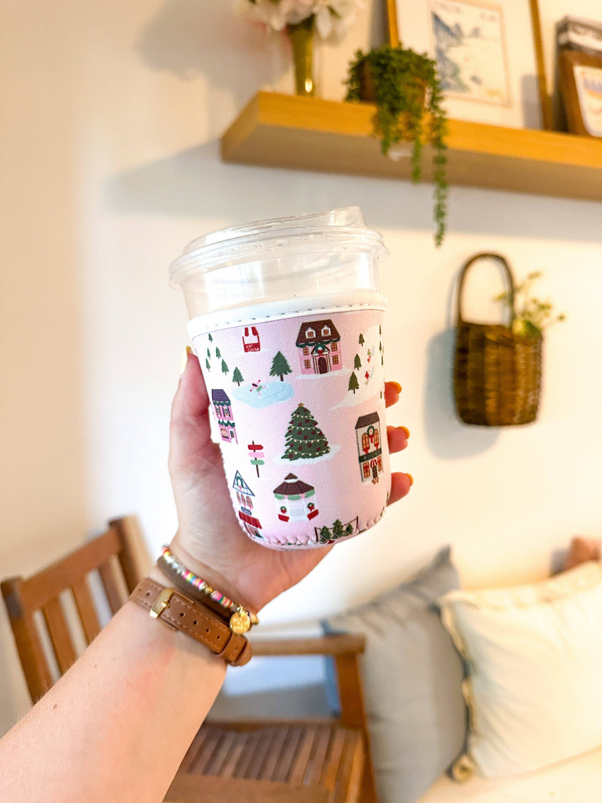 Handmade insulated cup sleeve - Christmas Village holiday design