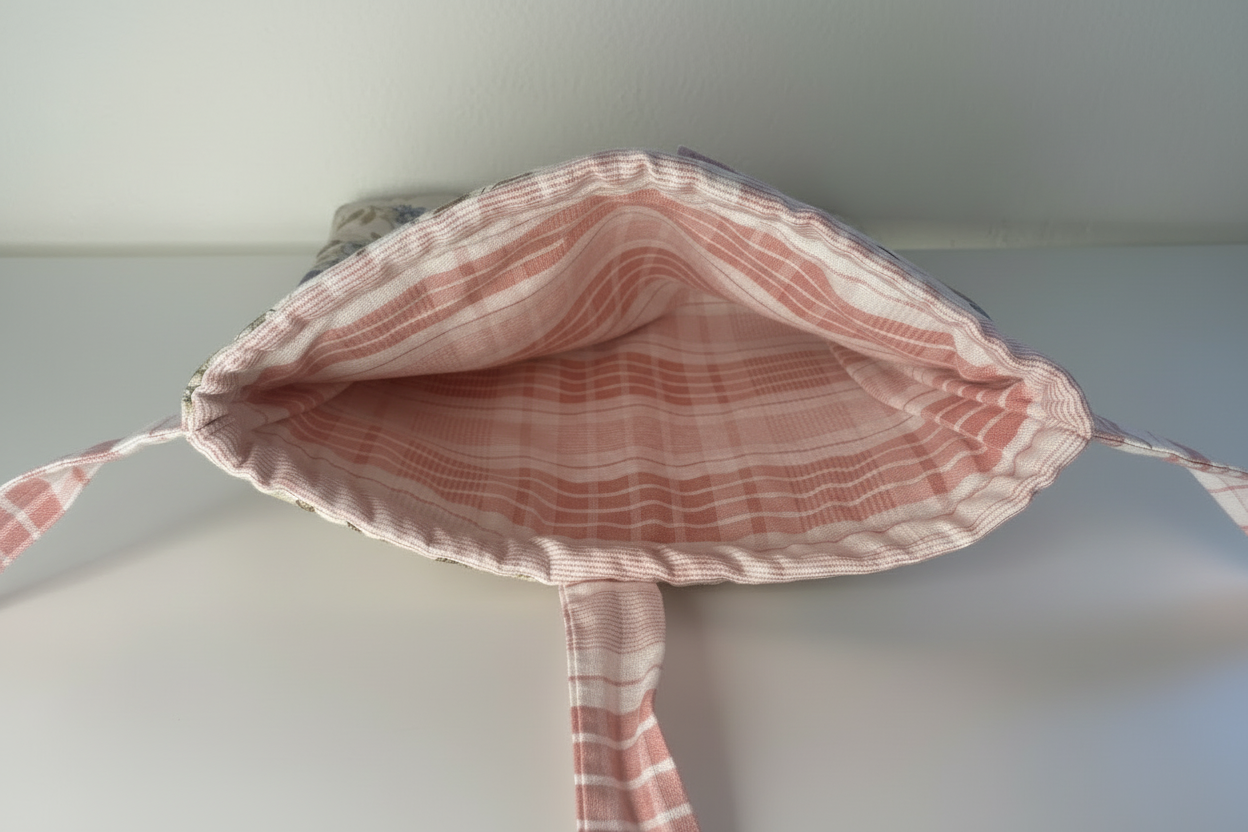 Interior view showing pink striped lining