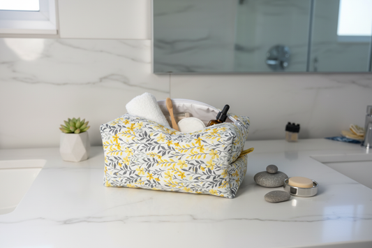 Lifestyle photo of storage box on bathroom counter