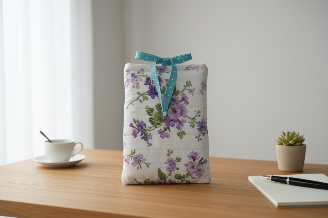Handmade purple floral book sleeve with teal ribbon