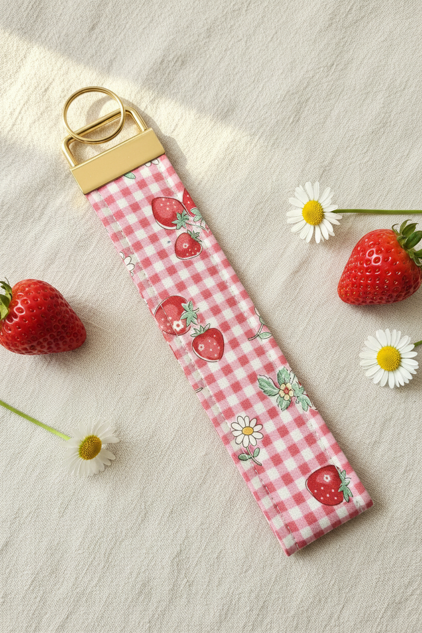 Strawberry Patch Wristlet Key Fob - gold hardware on cottagecore background