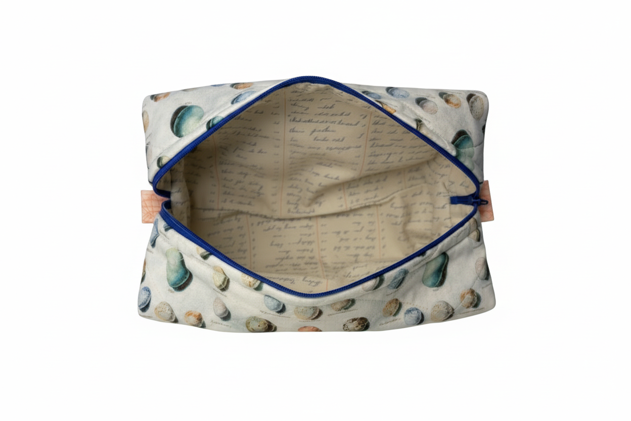 Interior view showing blue zipper and beige lining