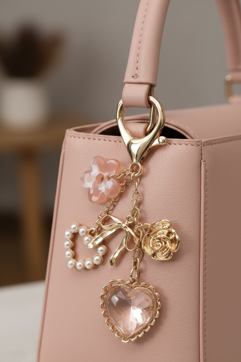 Pearl Rose Heart Charm Clipped to Bag