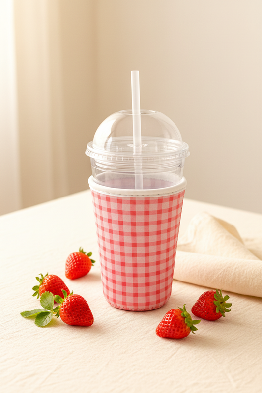 Pink Gingham Cup Cozy - No Hand Lifestyle