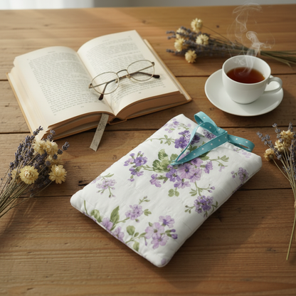 Purple floral book sleeve lifestyle flat lay