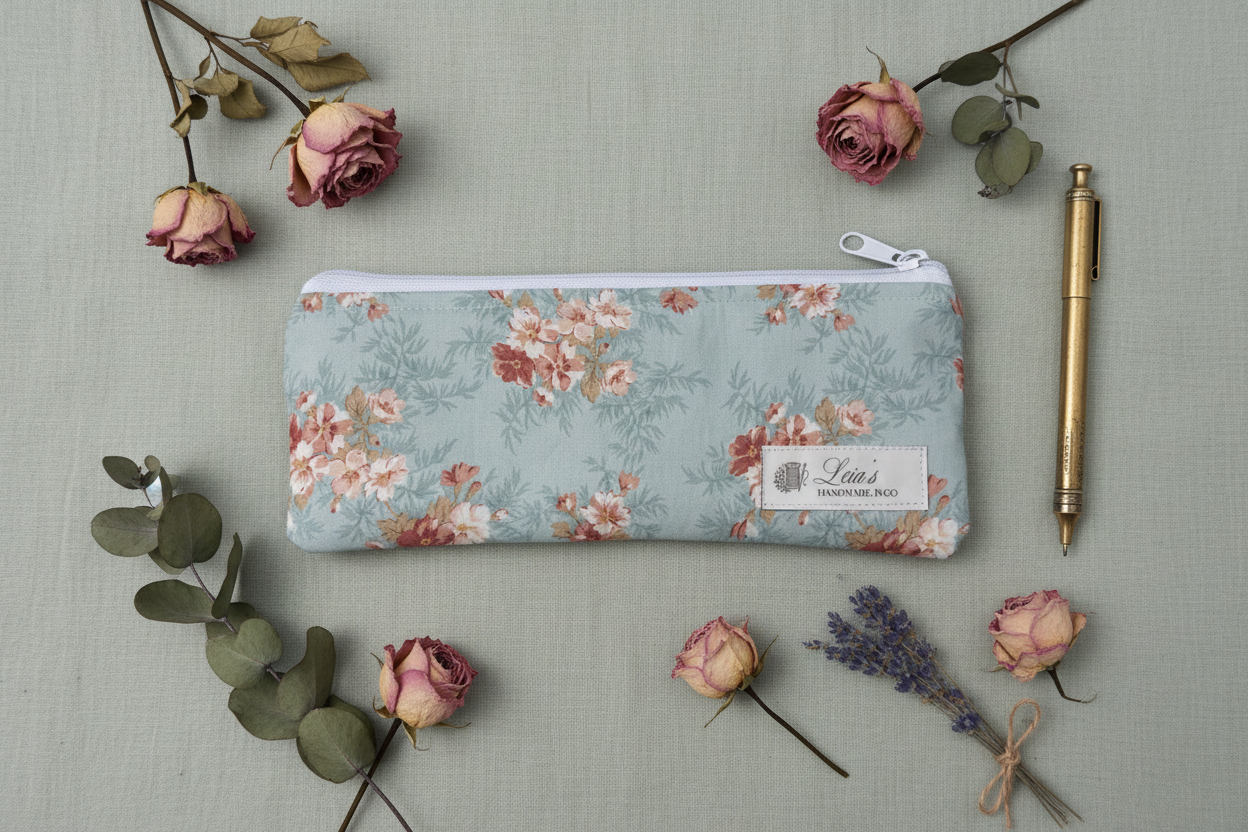 Teal Floral Pencil Case - Aesthetic Flat Lay