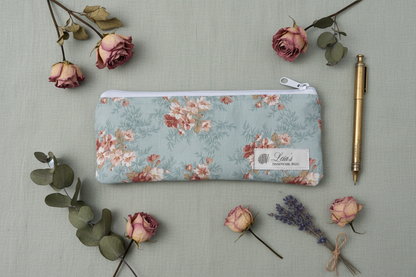 Teal Floral Pencil Case - Aesthetic Flat Lay