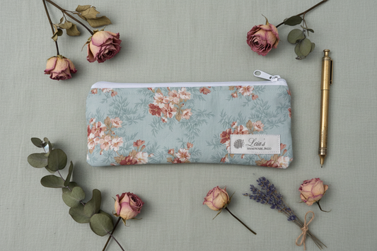 Teal Floral Pencil Case - Aesthetic Flat Lay
